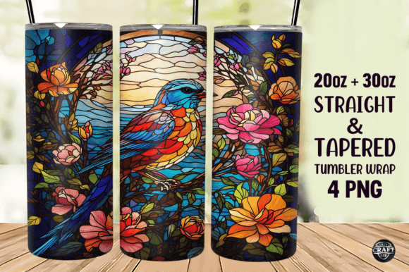Bird Flowers Stained Glass Tumbler PNG: Graphics for Tumbler Wraps