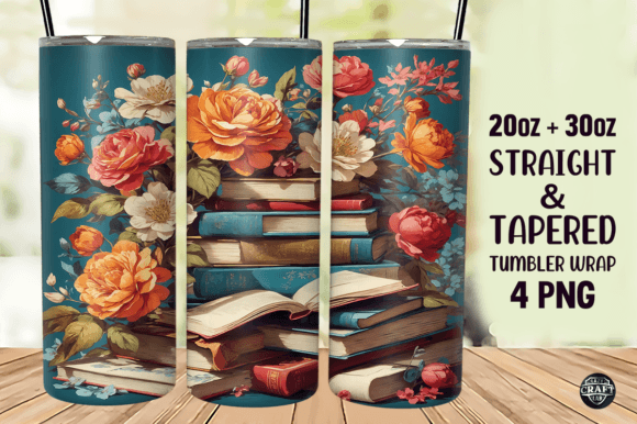 Books with Floral Tumbler Wrap PNG Graphics