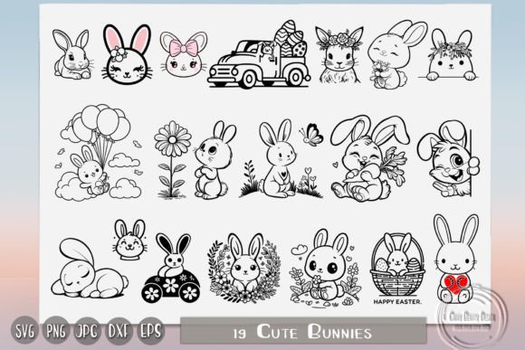 Cute Easter Bunnies, Floral Bunny Graphics for Crafts