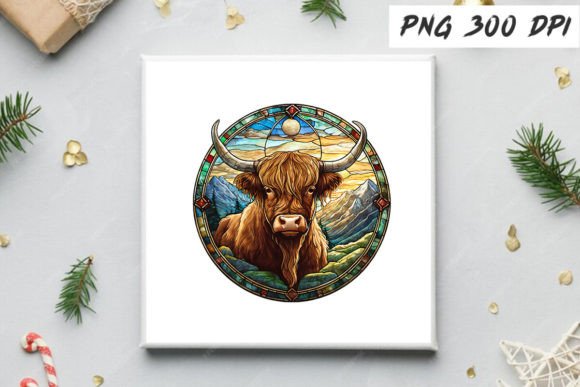 Highland Cow Stained Glass Round Coaster: Graphics & Illustrations