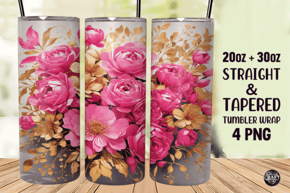 Pink Gold Floral Tumbler Wrap 20oz PNG Graphics