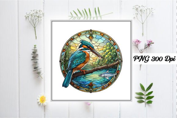 Stained Glass Kingfisher Wind Spinner: Illustrations & Graphics